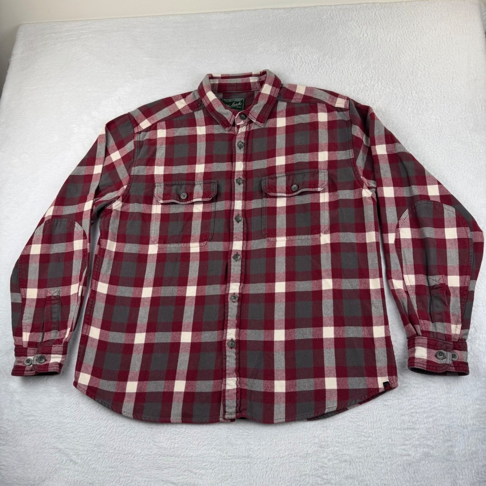 Woolrich Flannel Shirt Mens XL Burgundy Grey Plaid Elbow Patches Button Down